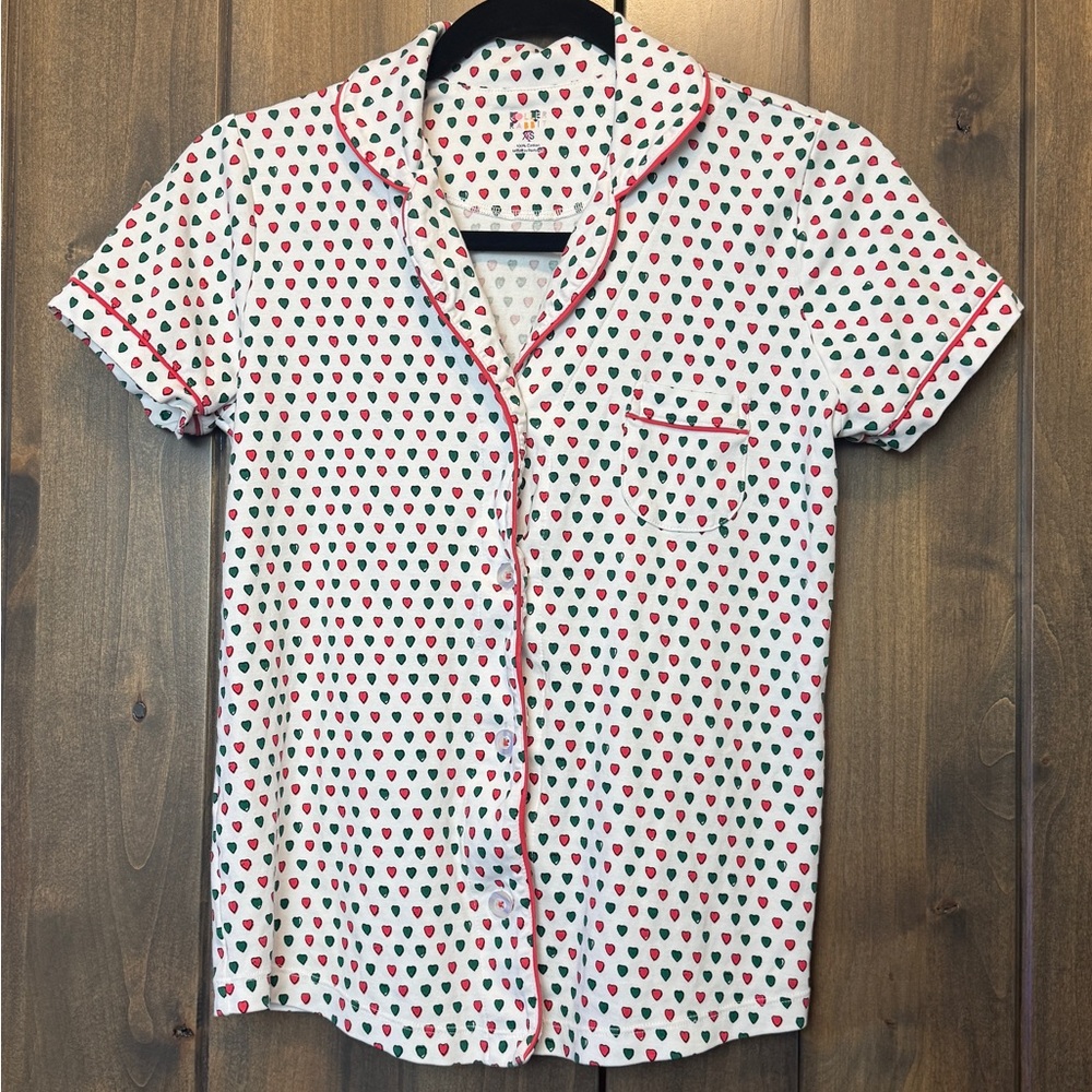Roller Rabbit Button Down Pajama Top Shirt Red Green Holiday Heart Pattern